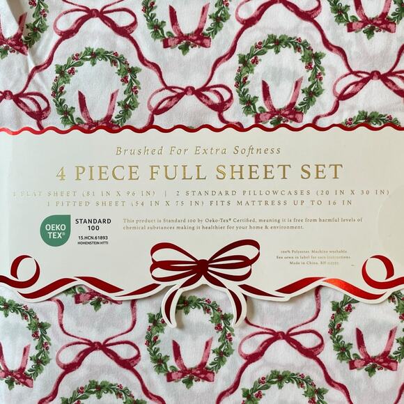 Envogue FULL 4pc Sheet Set Holiday Bows & Wreath Holiday Bedding Green Red NEW - Picture 3 of 10